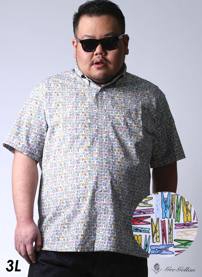 【大きいサイズ メンズ】洗濯バサミ柄 日本製 イタリア生地ボタンダウン半袖シャツ カジュアルシャツ 3L
