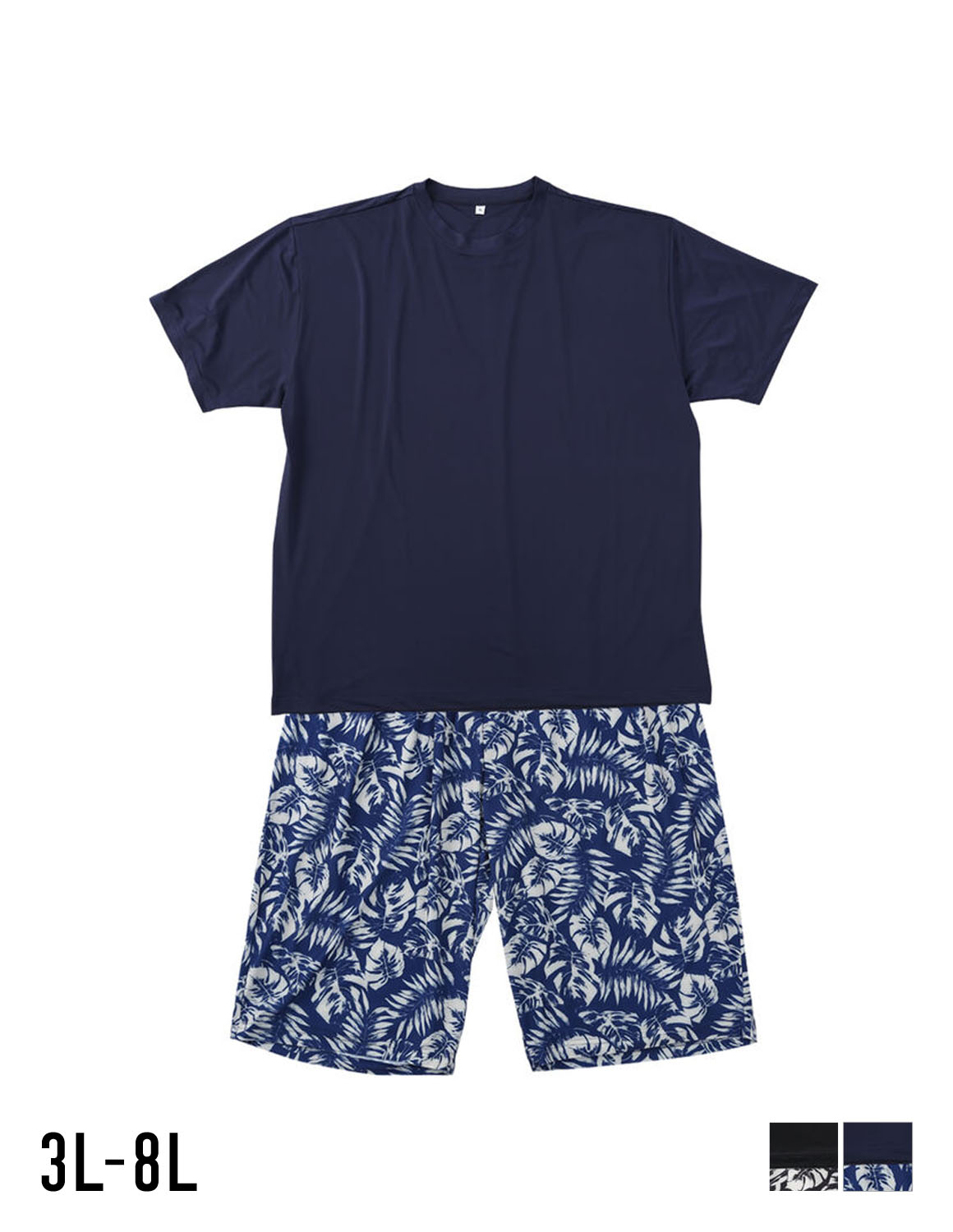 大きいサイズ メンズ 冷感 ベア 天竺 ストレッチ プリント 半袖Tシャツ+リーフ柄ハーフパンツ バックポケット 上下セット カジュアル