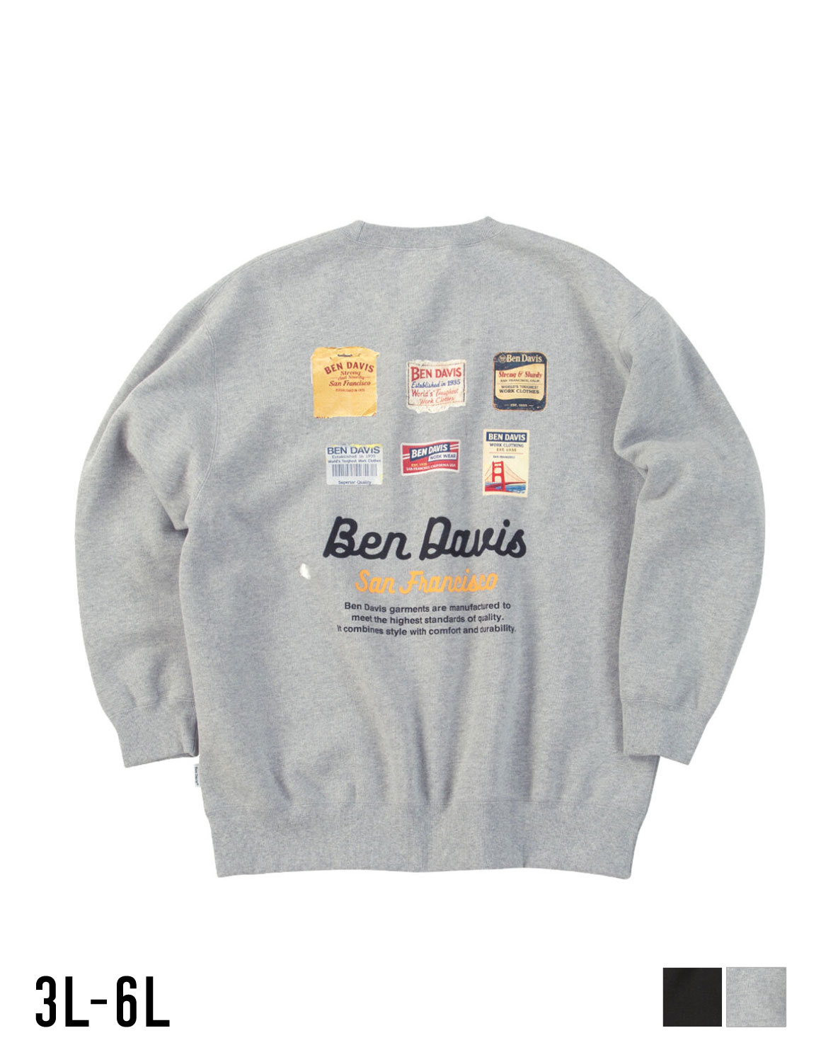 【大きいサイズメンズ】BEN DAVIS(ベン デイビス) ラベルロゴ クルーネック スウェット バックプリント 裏起毛 刺繍 リブ(袖口・裾) メンズ 長袖トップス 3L/4L/5L/6L