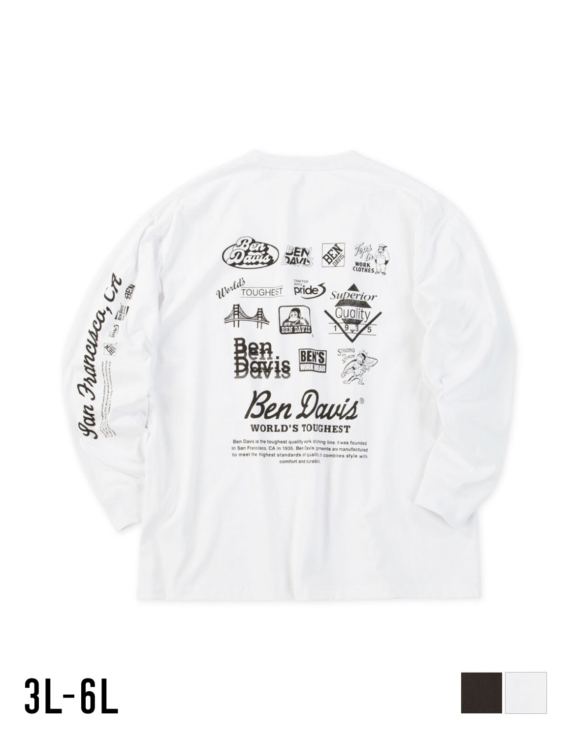 【大きいサイズメンズ】BEN DAVIS(ベン デイビス) グラフィック バックプリント リブ(袖口) 長袖Tシャツ カットソー メンズ 3L/4L/5L/6L