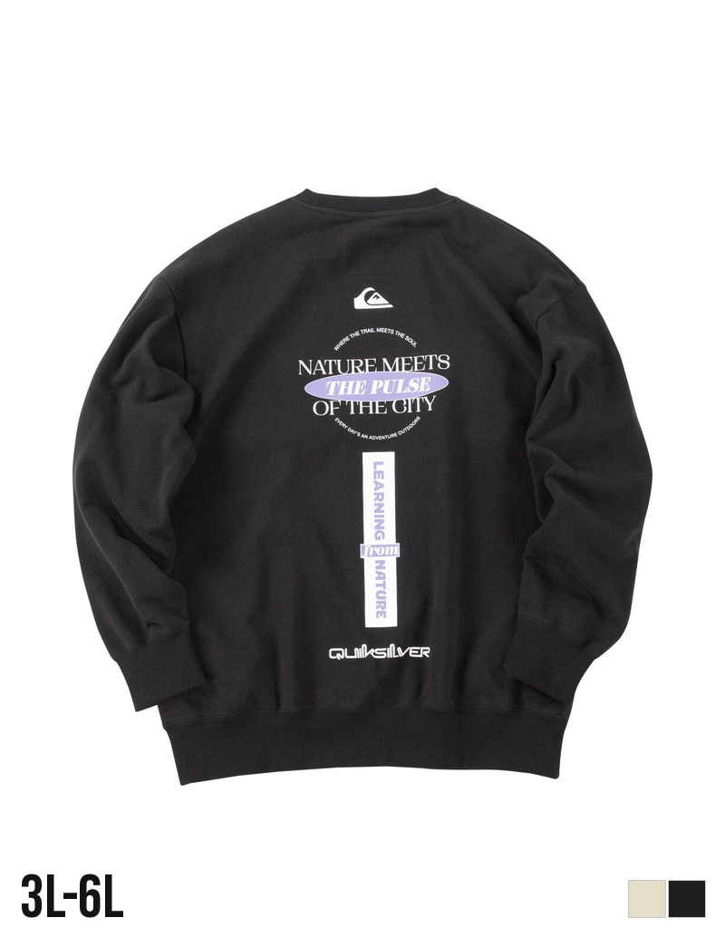 【大きいサイズ メンズ】トレーナー スウェット Quiksilver クイックシルバー QS MEETS クルーネック 裏毛 綿 バックプリント サイドポケット 長袖 秋冬 3L 4L 5L 6L ベージュ ブラック