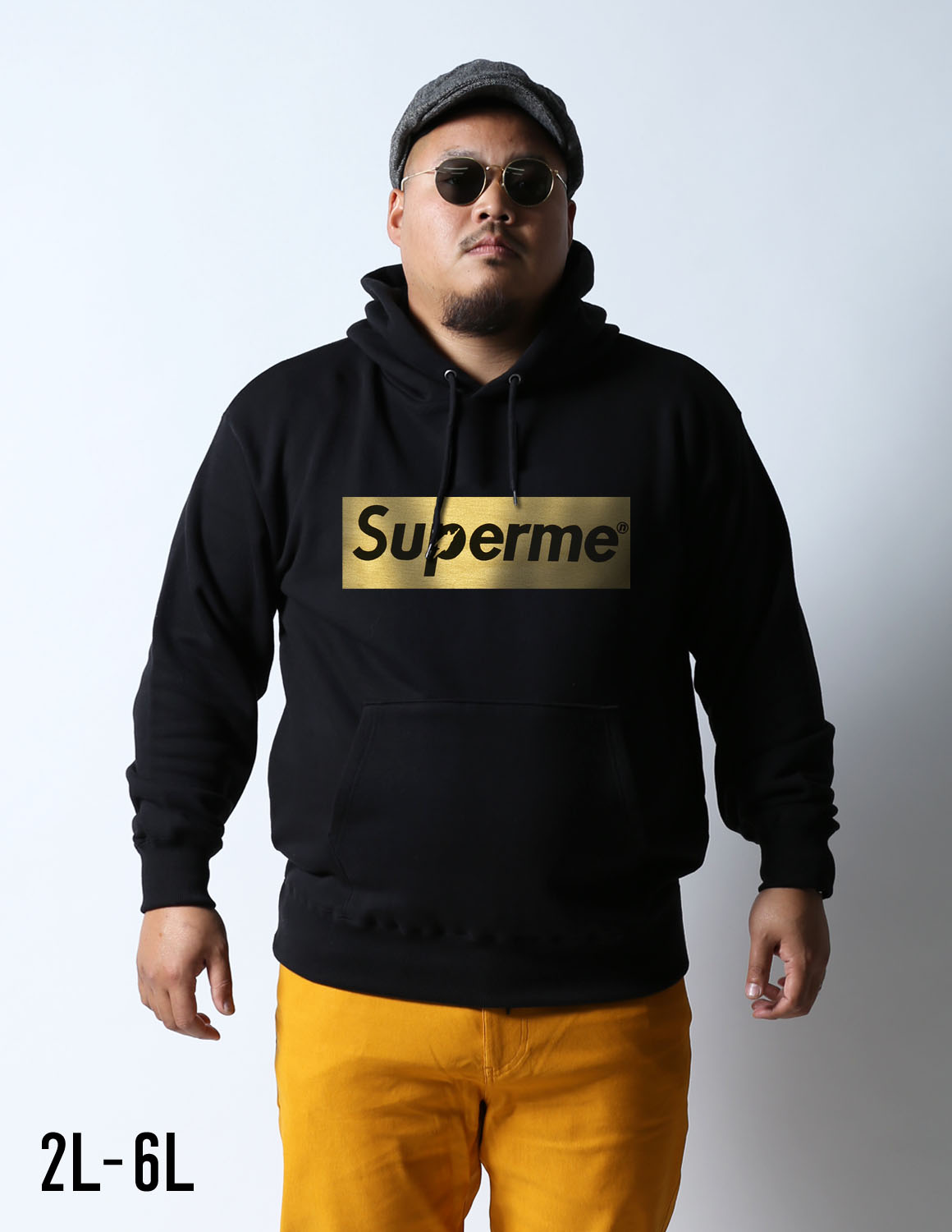 【大きいサイズ メンズ】QP (キューピー)ゴールド Supermen スーパーメンフード付き プルオーバー 裏毛パーカー 2L(XL)/3L(XXL)/4L(XXXL)/5L(4XL)/6L(5XL)