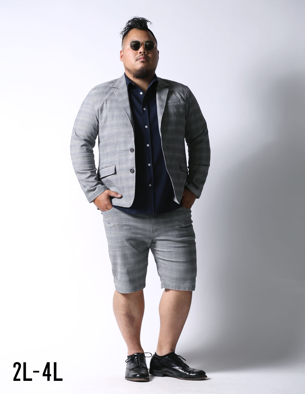 【大きいサイズ メンズ】感鯨 上下セット グレンチェックハーフパンツセットアップ カジュアルスーツ 2L/3L/4L