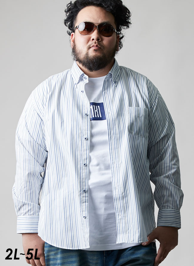 【大きいサイズメンズ】吸水速乾ストライプ柄長袖シャツ[2L/3L/4L/5L]