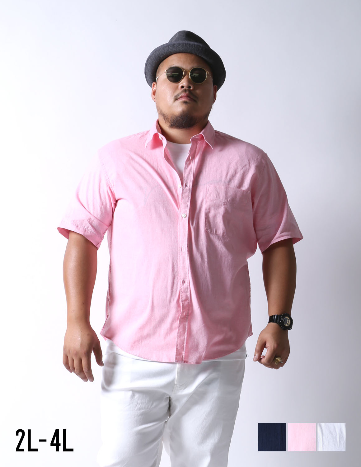【大きいサイズ メンズ】麻入り クレープシャンブレー ボタンダウン 半袖シャツ カジュアルシャツ 2L/3L/4L/